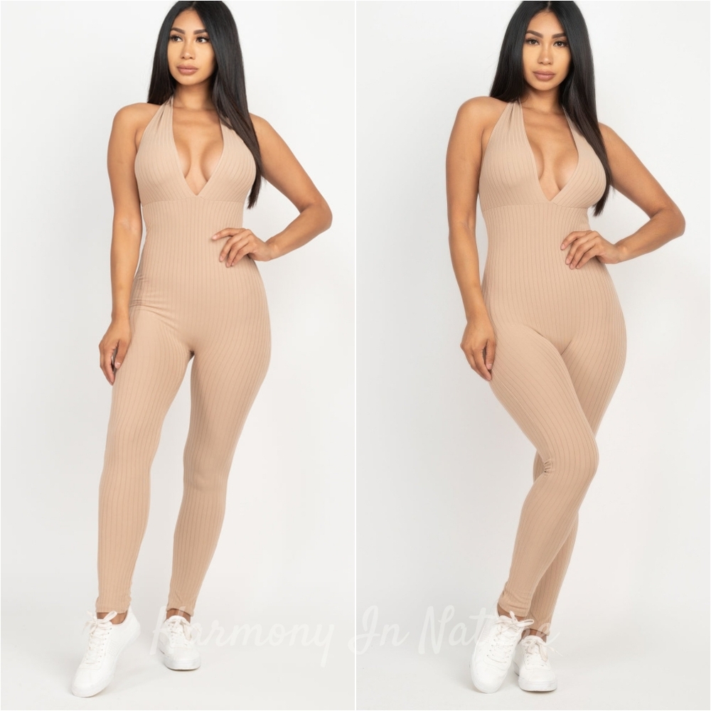 Harmony Deep Dive Bodycon Jumpsuit - Toffee